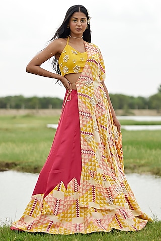 Yellow Modal Satin Hand-Blocked Jacket Lehenga Set by AMROOD