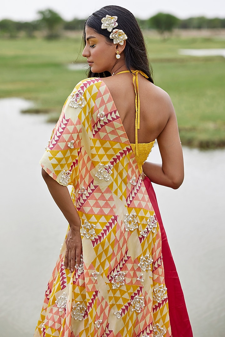 Yellow Modal Satin Hand-Blocked Jacket Wedding Lehenga Set by AMROOD at Pernia's Pop Up Shop