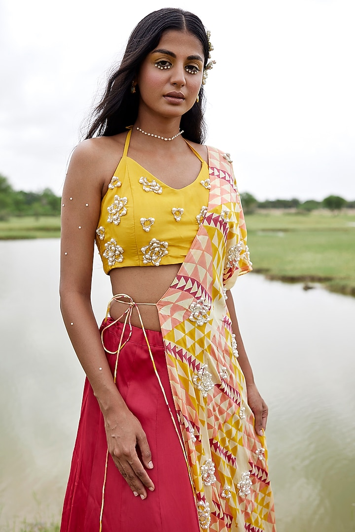 Yellow Modal Satin Hand-Blocked Jacket Wedding Lehenga Set by AMROOD at Pernia's Pop Up Shop