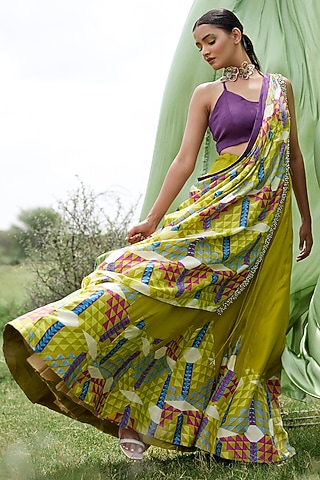 Green Modal Satin Embroidered & Block Printed Draped Lehenga Set by AMROOD
