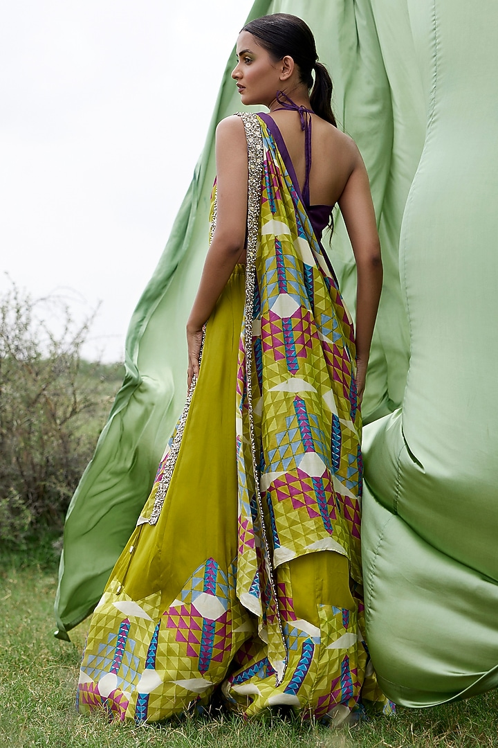Green Modal Satin Embroidered & Block Printed Draped Wedding Lehenga Set by AMROOD at Pernia's Pop Up Shop