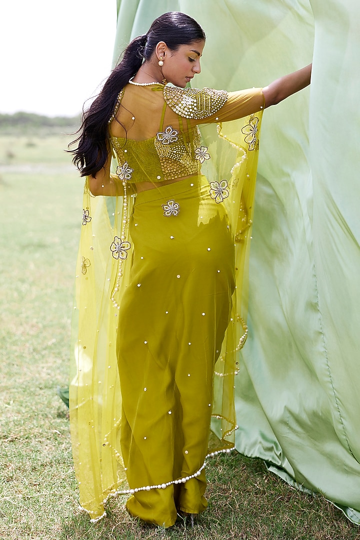 Green Modal Satin Draped Skirt Set by AMROOD at Pernia's Pop Up Shop