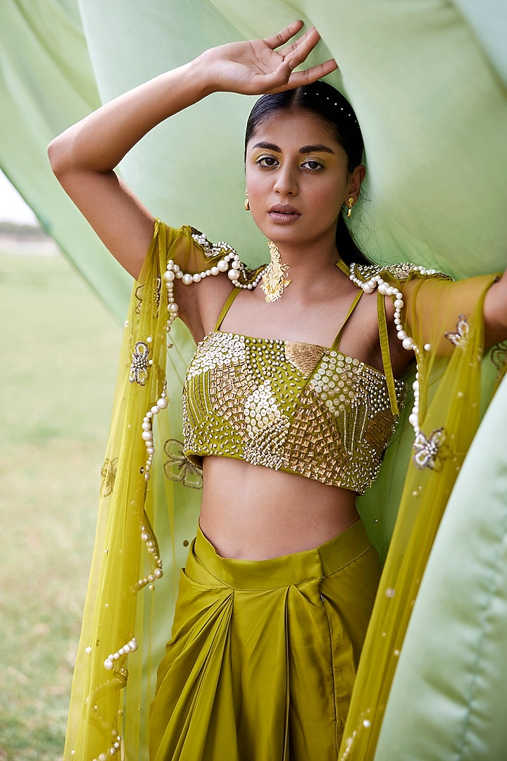 Green Modal Satin Draped Skirt Set by AMROOD at Pernia's Pop Up Shop