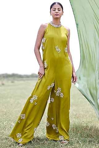 Green Modal Satin Pearl Embroidered Jumpsuit by AMROOD