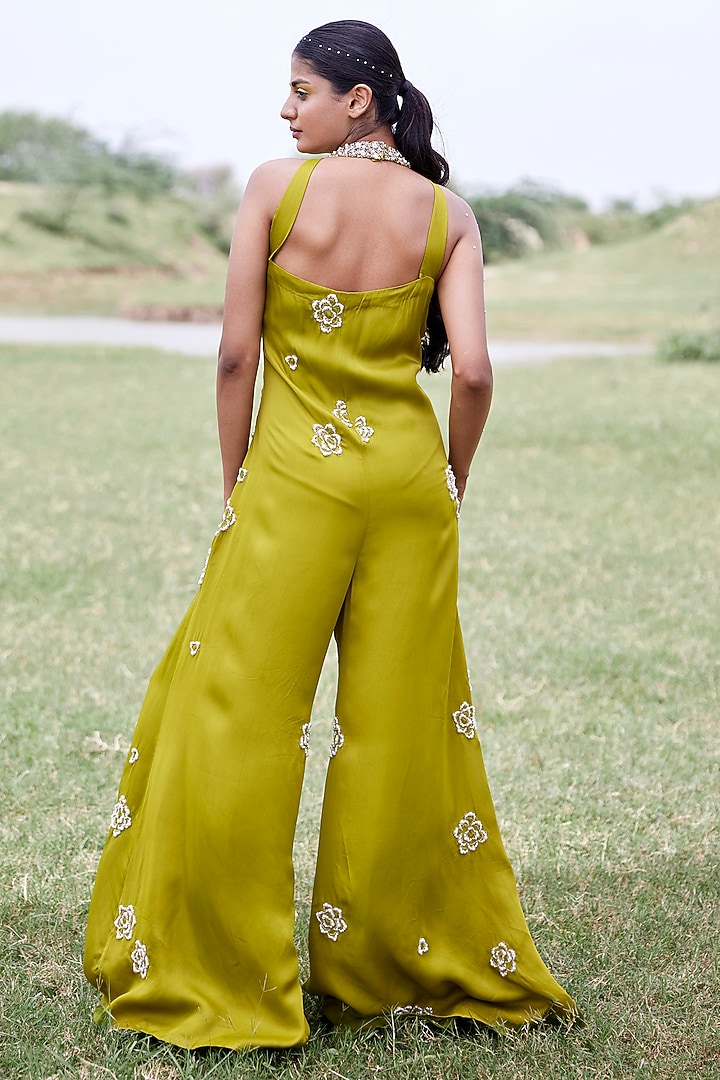 Green Modal Satin Pearl Embroidered Jumpsuit by AMROOD at Pernia's Pop Up Shop