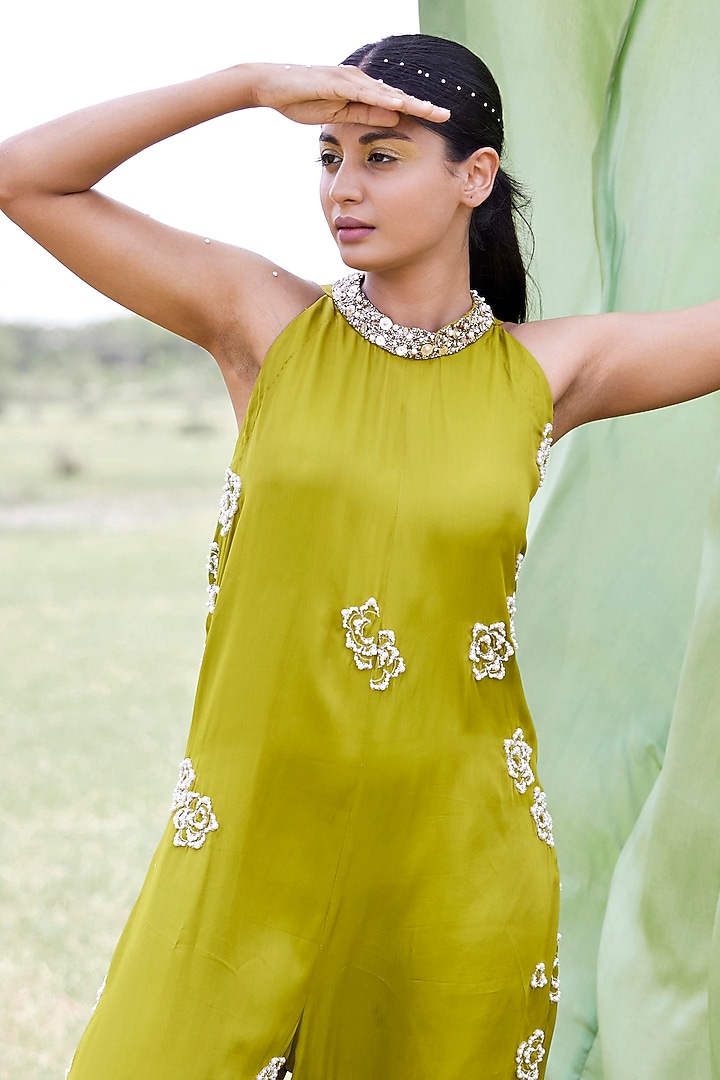 Green Modal Satin Pearl Embroidered Jumpsuit by AMROOD at Pernia's Pop Up Shop