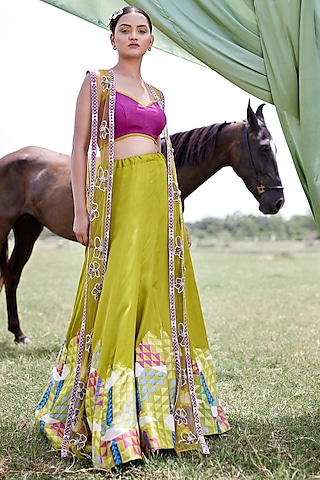 Green Modal Satin Cutdana & Sequins Embroidered & Block Printed Jacket Lehenga Set by AMROOD
