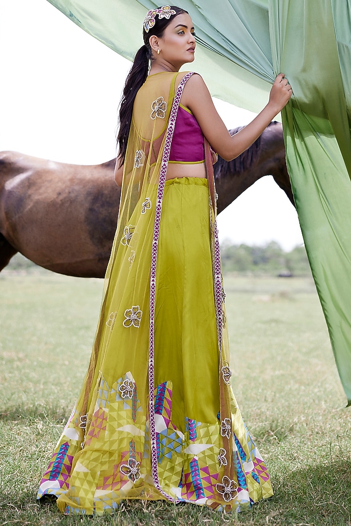 Green Modal Satin Cutdana & Sequins Embroidered & Block Printed Jacket Wedding Lehenga Set by AMROOD at Pernia's Pop Up Shop