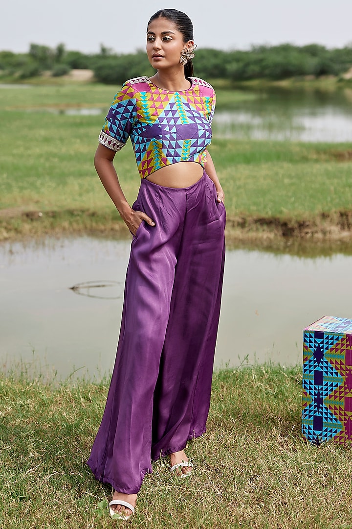 Purple Modal Satin Cutdana Embroidered & Block Printed Jumpsuit by AMROOD