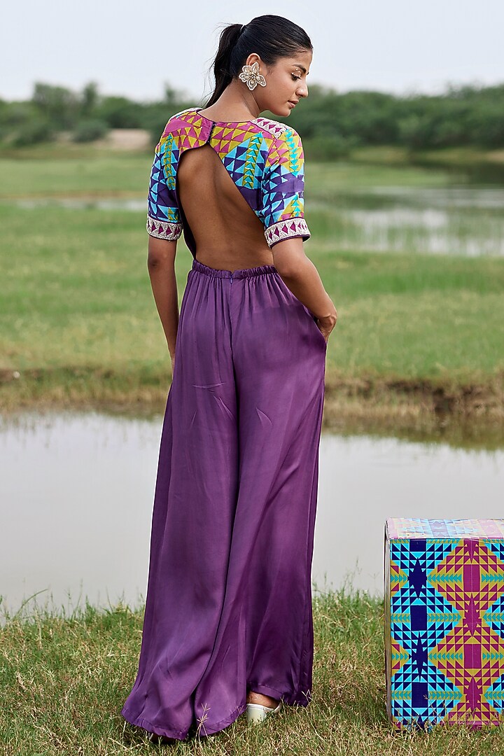 Purple Modal Satin Cutdana Embroidered & Block Printed Jumpsuit by AMROOD at Pernia's Pop Up Shop
