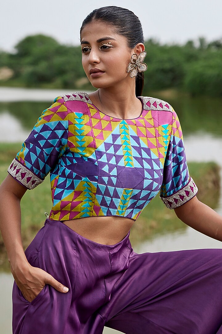 Purple Modal Satin Cutdana Embroidered & Block Printed Jumpsuit by AMROOD at Pernia's Pop Up Shop