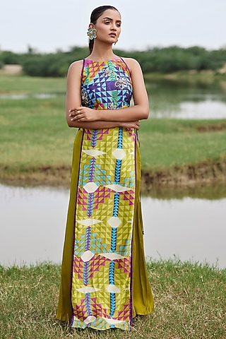 Green Modal Satin Block Printed Palazzo Pant Set by AMROOD