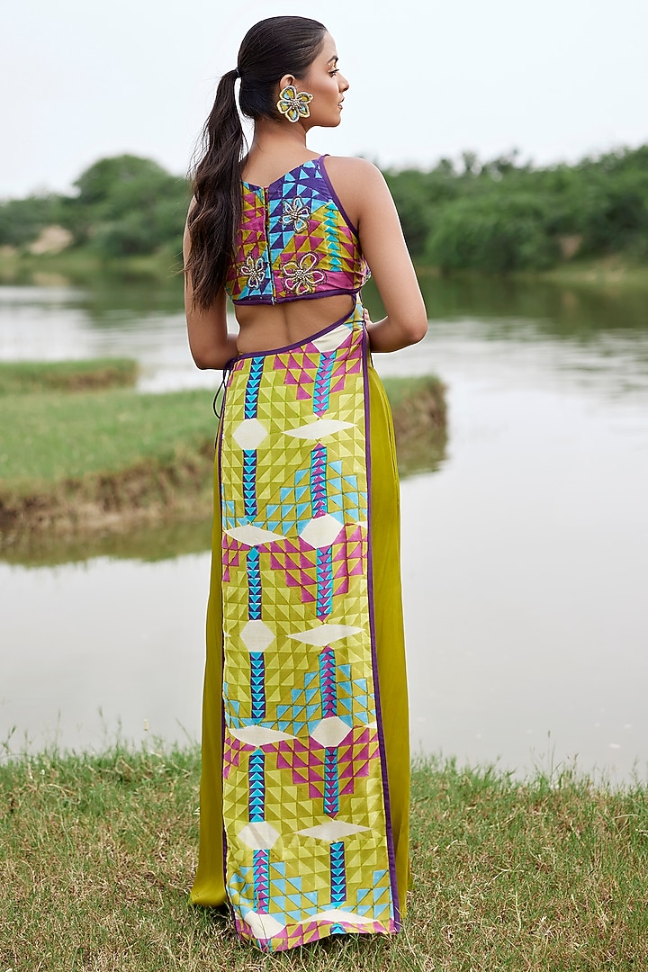 Green Modal Satin Block Printed Palazzo Pant Set by AMROOD at Pernia's Pop Up Shop