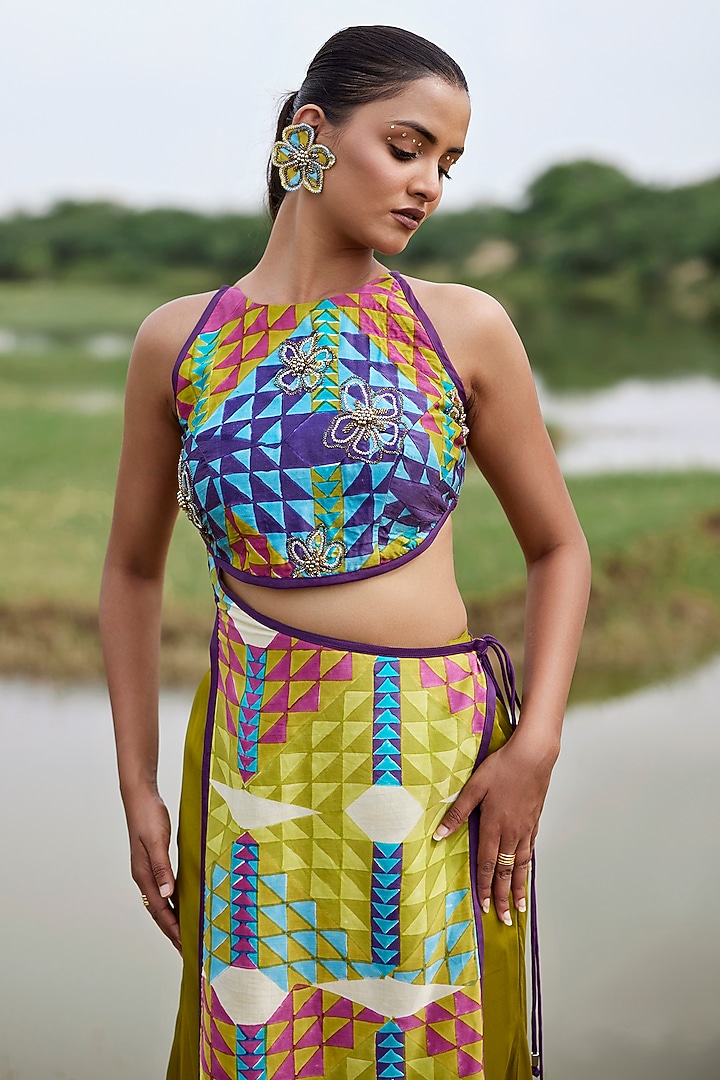 Green Modal Satin Block Printed Palazzo Pant Set by AMROOD at Pernia's Pop Up Shop
