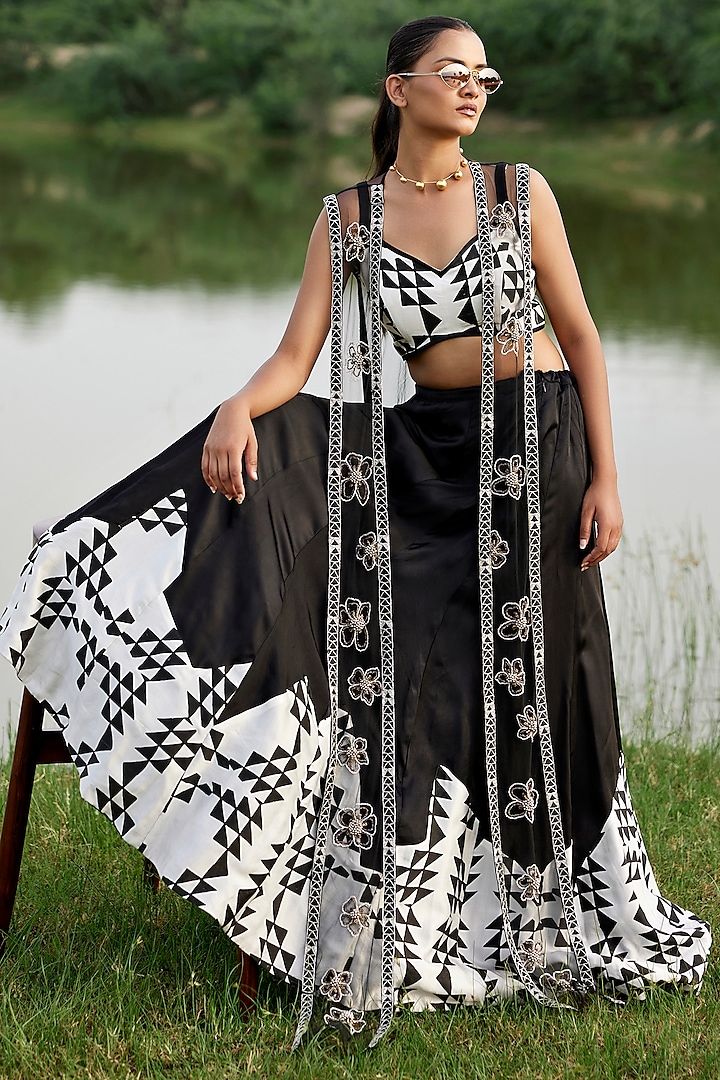 Black Modal Satin Hand-Block Printed & Cutdana & Sequins Embroidered Jacket Lehenga Set by AMROOD