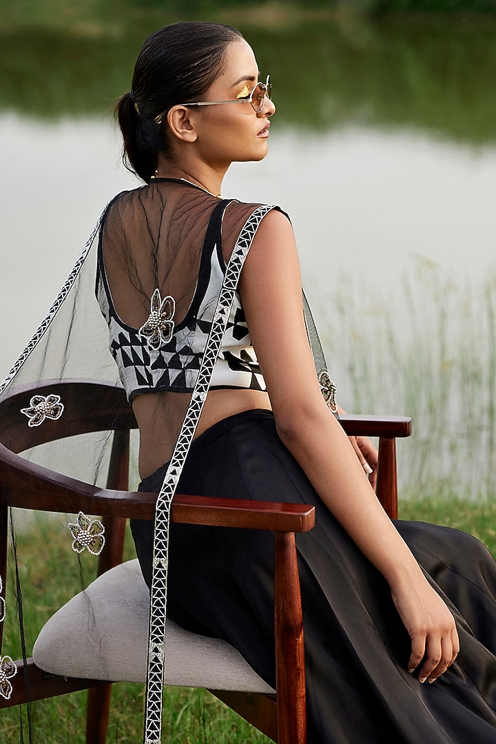 Black Modal Satin Hand-Block Printed & Cutdana & Sequins Embroidered Jacket Wedding Lehenga Set by AMROOD at Pernia's Pop Up Shop