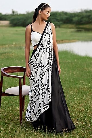Black Modal Satin Block Printed Draped Lehenga Set by AMROOD