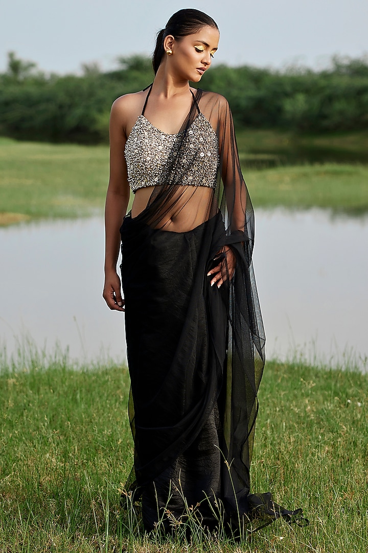 Black Modal Satin Saree Set by AMROOD