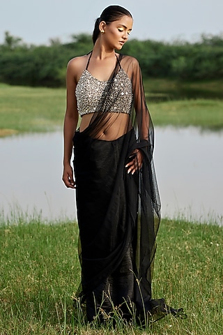Black Modal Satin Saree Set by AMROOD