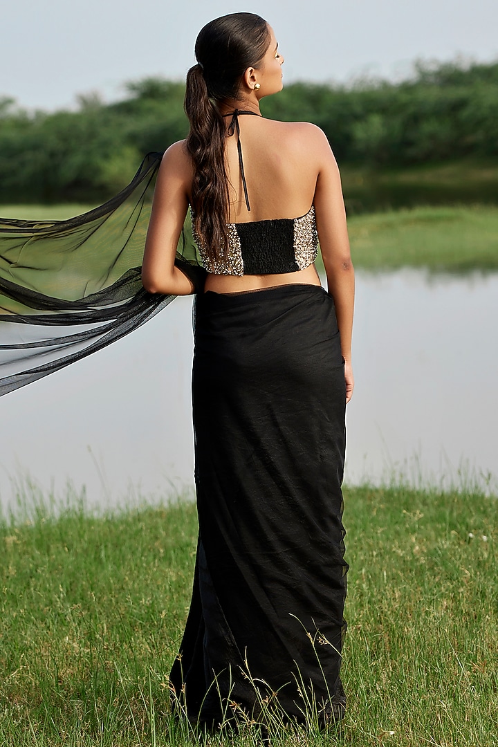 Black Modal Satin Party Wear Saree Set by AMROOD at Pernia's Pop Up Shop