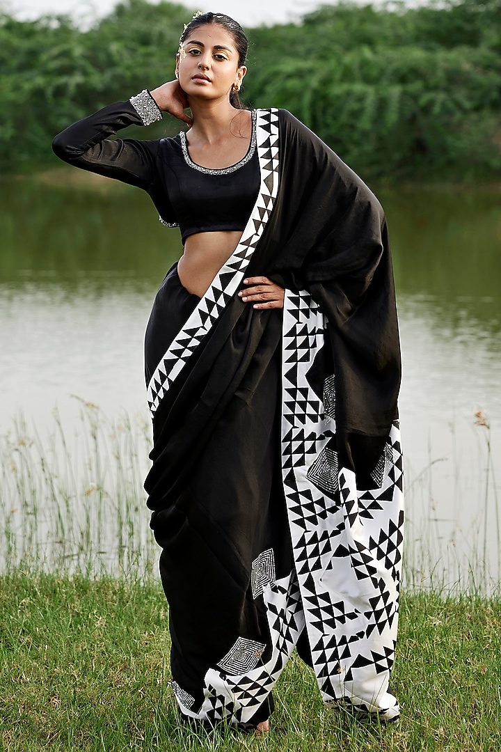 Black Modal Satin Hand-Block Printed Saree Set by AMROOD