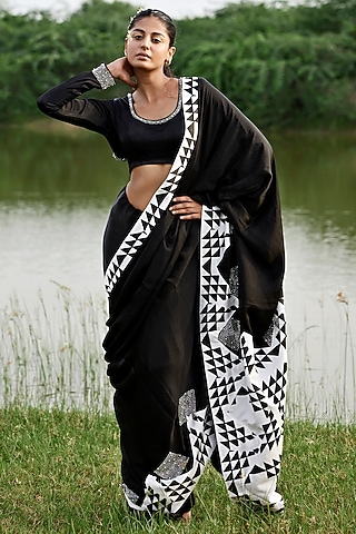 Black Modal Satin Hand-Block Printed Saree Set by AMROOD
