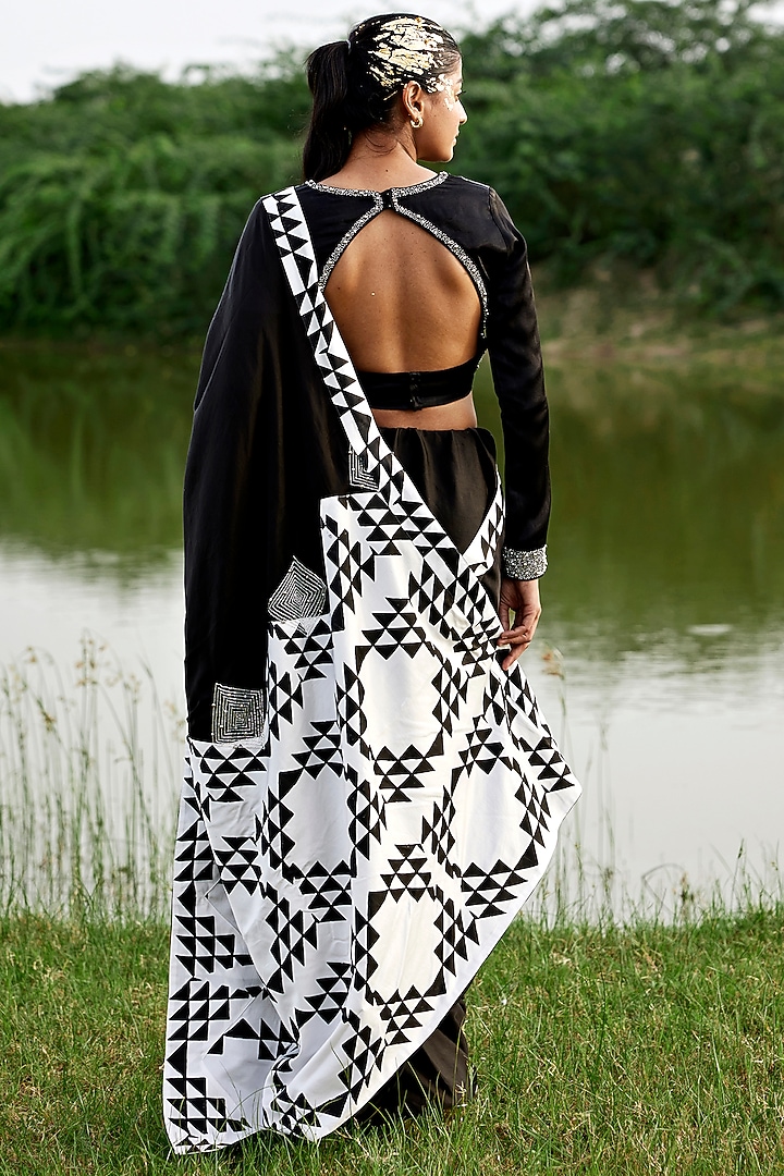 Black Modal Satin Hand-Block Printed Party Wear Saree Set by AMROOD at Pernia's Pop Up Shop