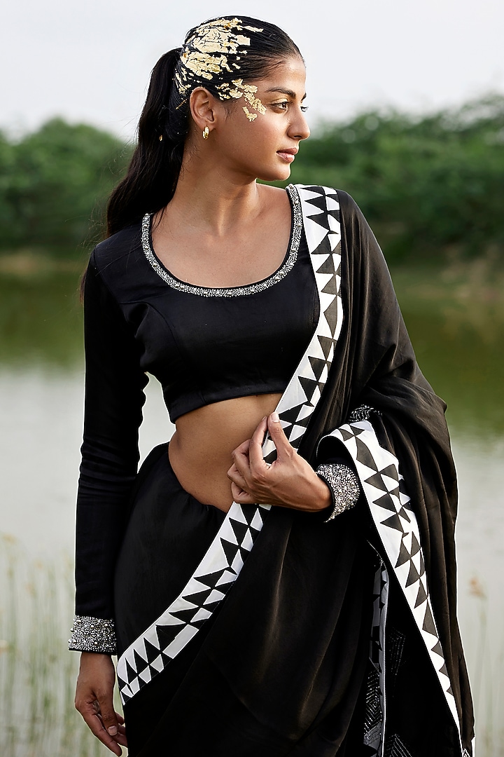 Black Modal Satin Hand-Block Printed Party Wear Saree Set by AMROOD at Pernia's Pop Up Shop
