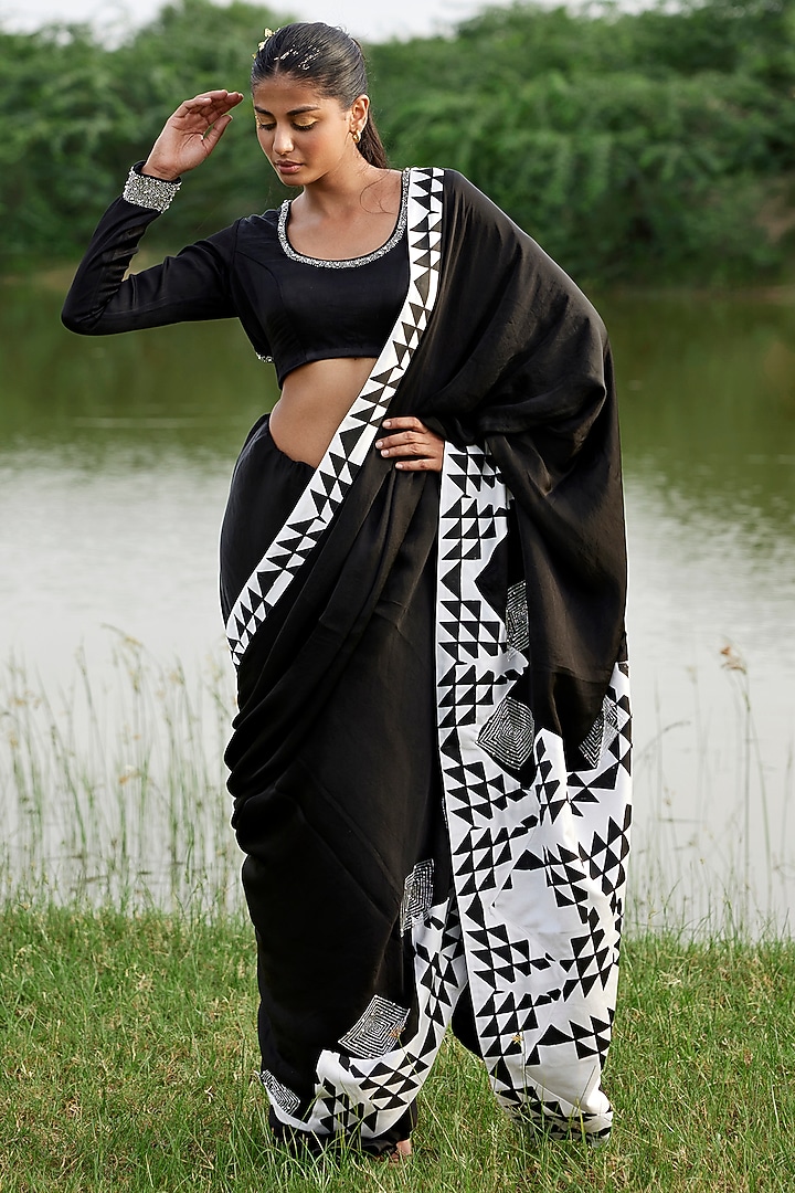 Black Modal Satin Hand-Block Printed Party Wear Saree Set by AMROOD at Pernia's Pop Up Shop