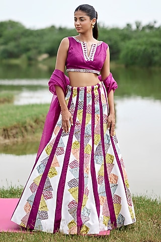 Magenta Modal Satin Cutdana & Sequins Embroidered & Hand-Block Printed Lehenga Set by AMROOD