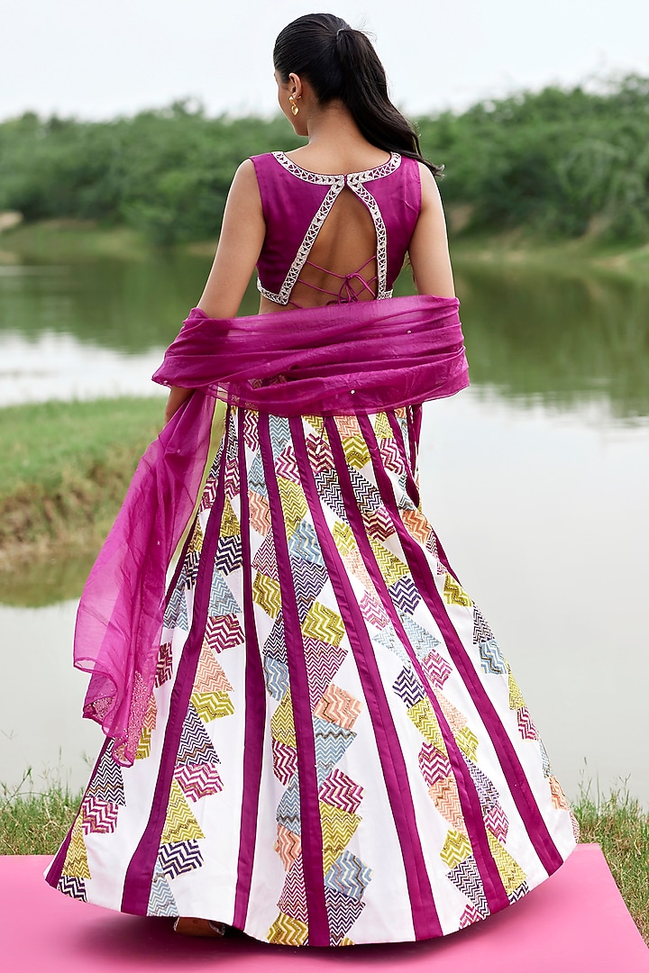 Magenta Modal Satin Cutdana & Sequins Embroidered & Hand-Block Printed Wedding Lehenga Set by AMROOD at Pernia's Pop Up Shop