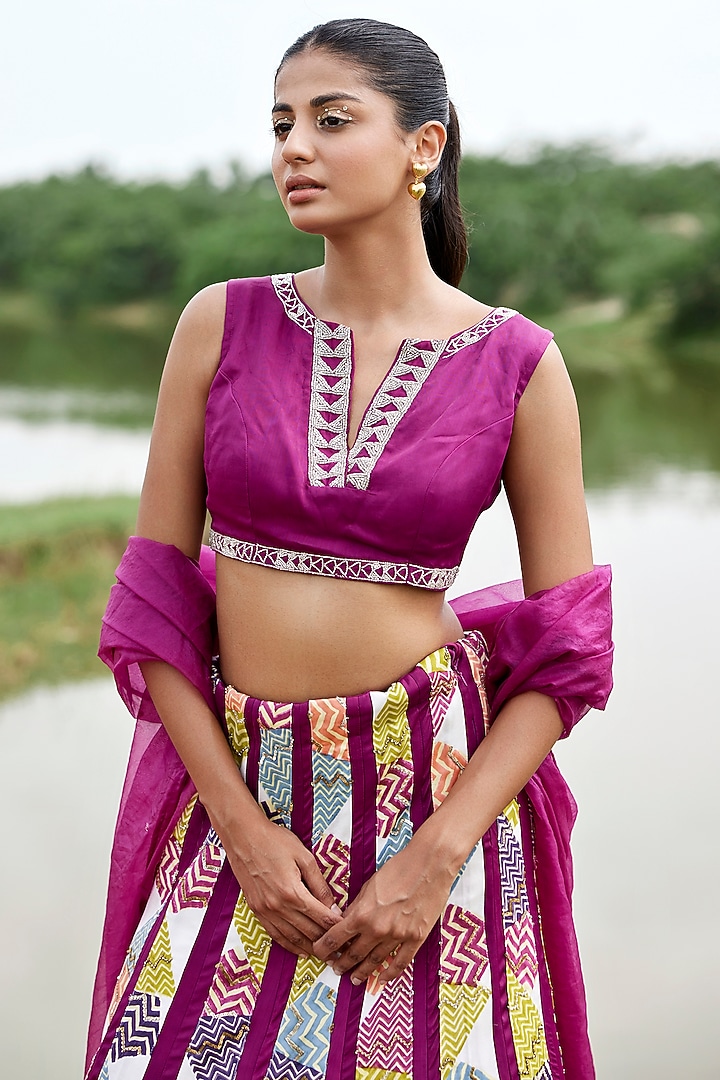 Magenta Modal Satin Cutdana & Sequins Embroidered & Hand-Block Printed Wedding Lehenga Set by AMROOD at Pernia's Pop Up Shop