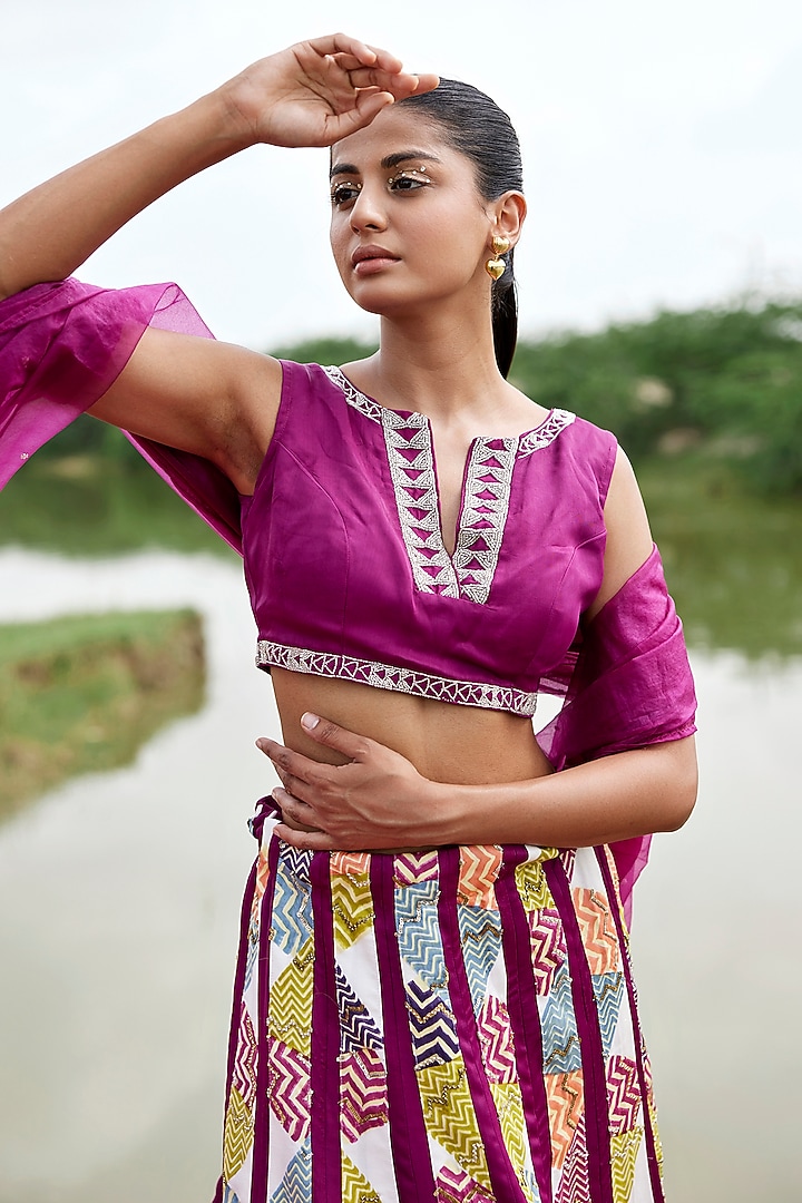 Magenta Modal Satin Cutdana & Sequins Embroidered & Hand-Block Printed Wedding Lehenga Set by AMROOD at Pernia's Pop Up Shop