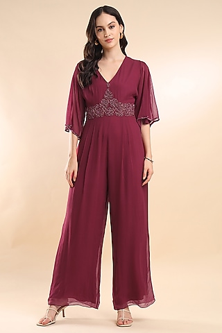 Berry Viscose Georgette Embroidered Jumpsuit by AMRTA By Guneet Kondal