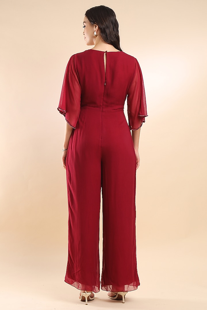 Berry Viscose Georgette Embroidered Jumpsuit by AMRTA By Guneet Kondal at Pernia's Pop Up Shop