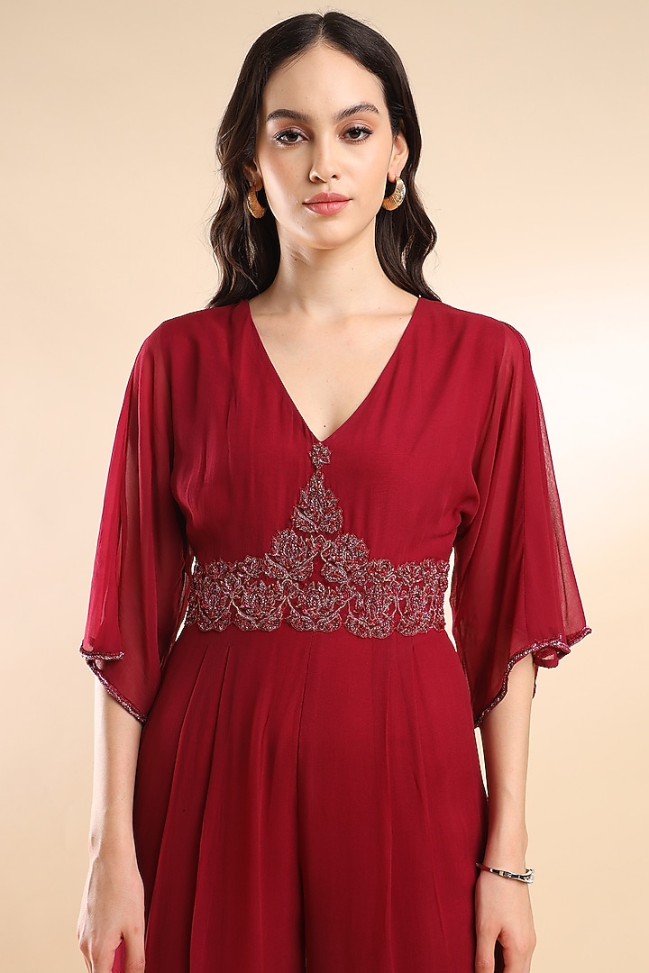 Berry Viscose Georgette Embroidered Jumpsuit by AMRTA By Guneet Kondal at Pernia's Pop Up Shop