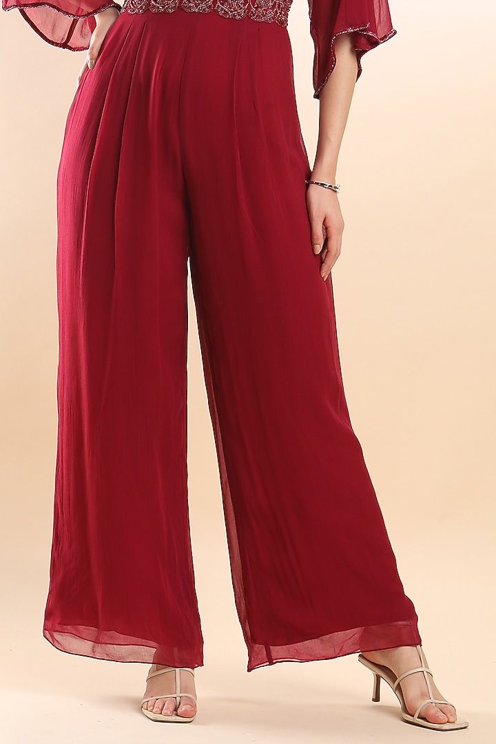 Berry Viscose Georgette Embroidered Jumpsuit by AMRTA By Guneet Kondal at Pernia's Pop Up Shop