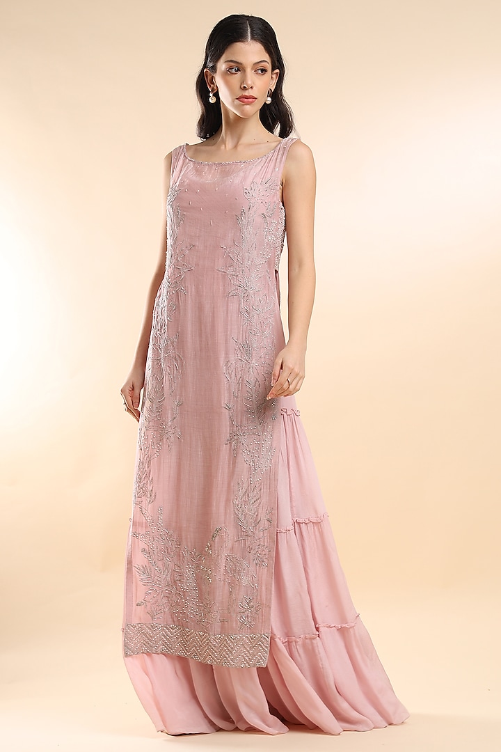 Soft Pink Silk Chanderi Embroidered Overlay With Dress by AMRTA By Guneet Kondal at Pernia's Pop Up Shop