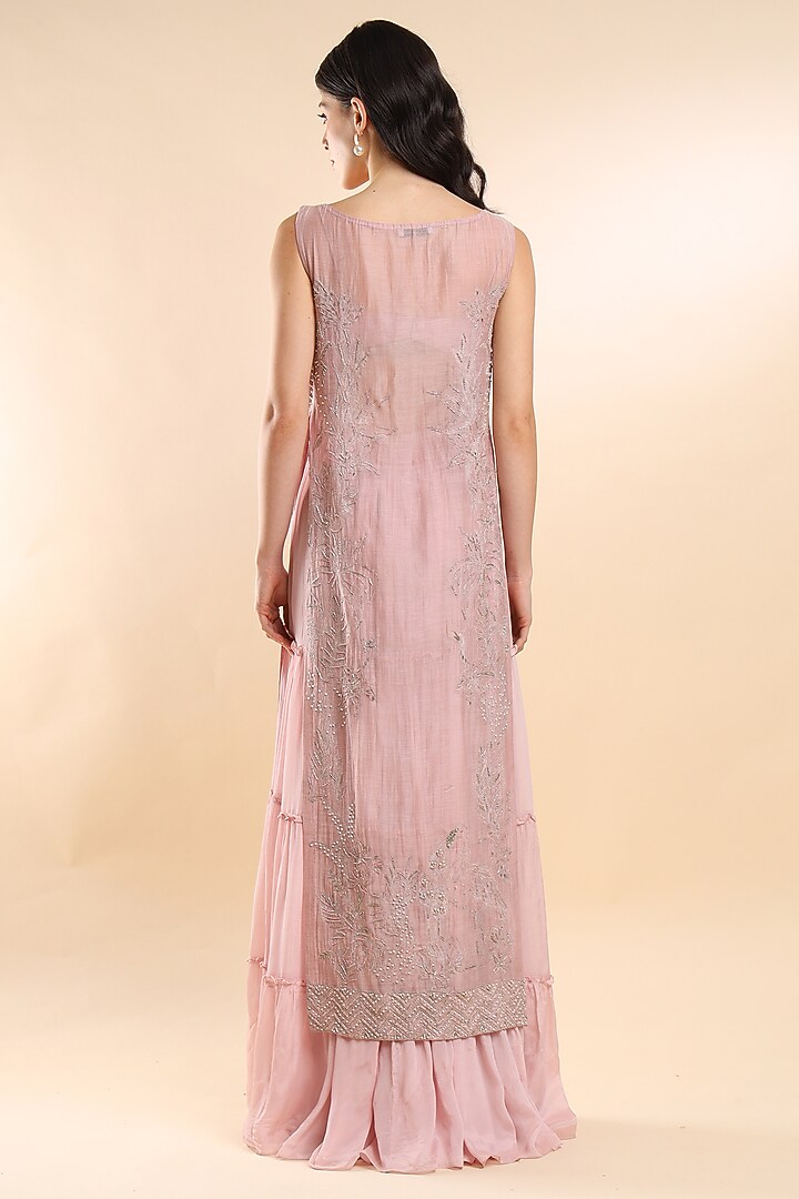 Soft Pink Silk Chanderi Embroidered Overlay With Vacation Dress by AMRTA By Guneet Kondal at Pernia's Pop Up Shop