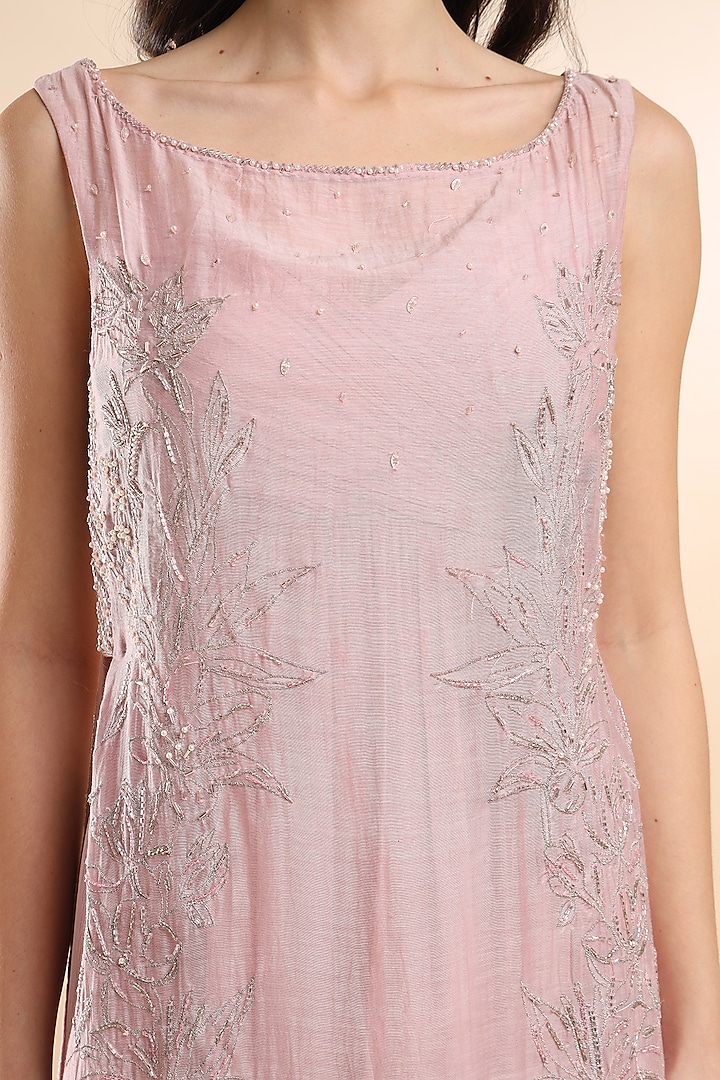 Soft Pink Silk Chanderi Embroidered Overlay With Vacation Dress by AMRTA By Guneet Kondal at Pernia's Pop Up Shop