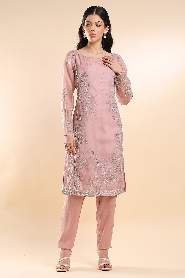 Soft Pink Organza Embroidered Kurta Set by AMRTA By Guneet Kondal at Pernia's Pop Up Shop