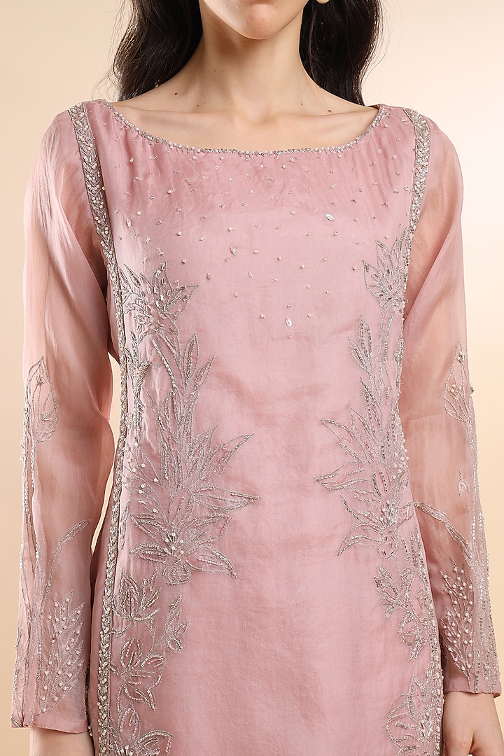 Soft Pink Organza Embroidered Kurta Set by AMRTA By Guneet Kondal at Pernia's Pop Up Shop