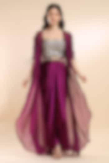 Aubergine Viscose Satin Asymmetrical Skirt Set by AMRTA By Guneet Kondal at Pernia's Pop Up Shop