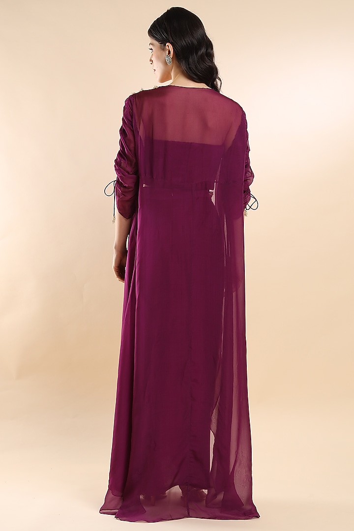 Aubergine Viscose Satin Asymmetrical Skirt Set by AMRTA By Guneet Kondal at Pernia's Pop Up Shop