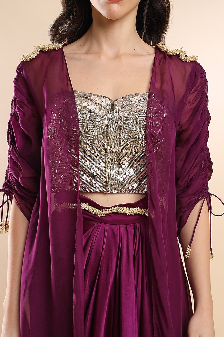 Aubergine Viscose Satin Asymmetrical Skirt Set by AMRTA By Guneet Kondal at Pernia's Pop Up Shop