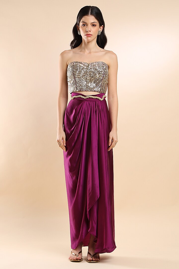 Aubergine Viscose Satin Asymmetrical Skirt Set by AMRTA By Guneet Kondal at Pernia's Pop Up Shop