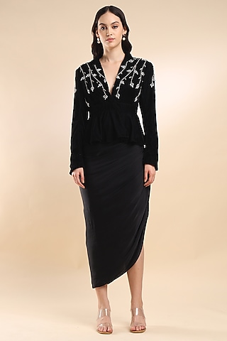 Black Viscose Satin Draped Skirt Set by AMRTA By Guneet Kondal