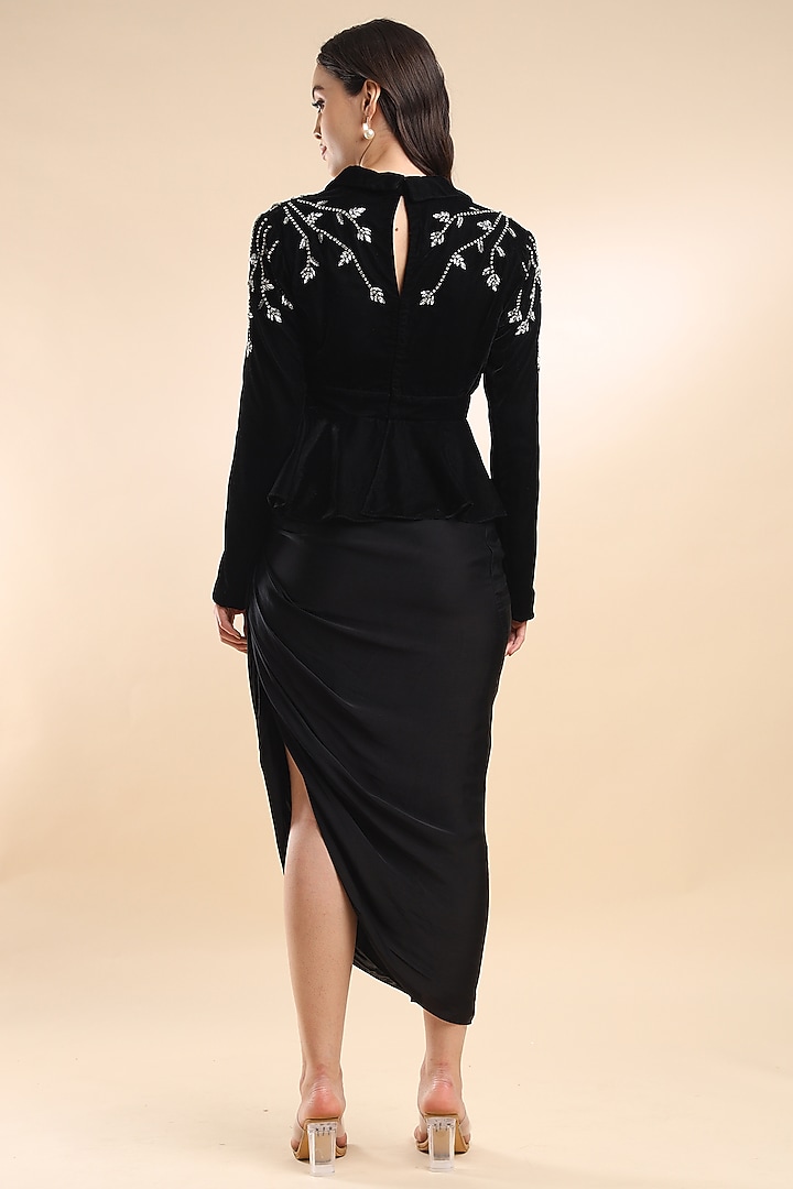Black Viscose Satin Draped Skirt Set by AMRTA By Guneet Kondal at Pernia's Pop Up Shop