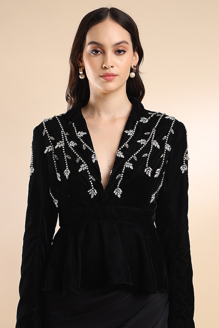 Black Viscose Satin Draped Skirt Set by AMRTA By Guneet Kondal at Pernia's Pop Up Shop