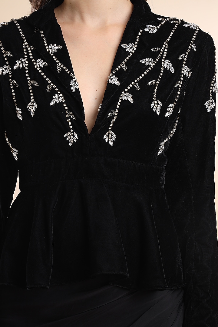 Black Viscose Satin Draped Skirt Set by AMRTA By Guneet Kondal at Pernia's Pop Up Shop